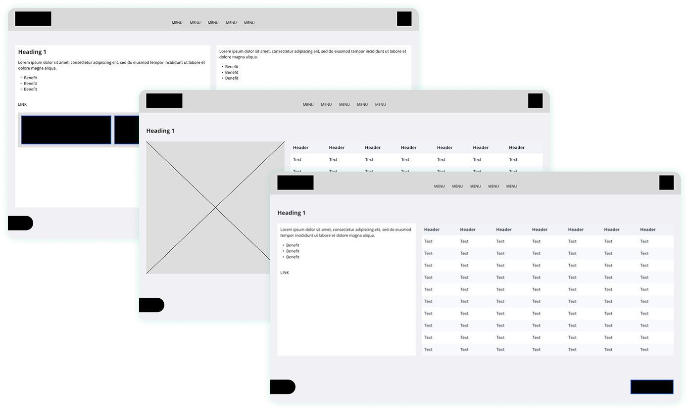 Three wireframe screens