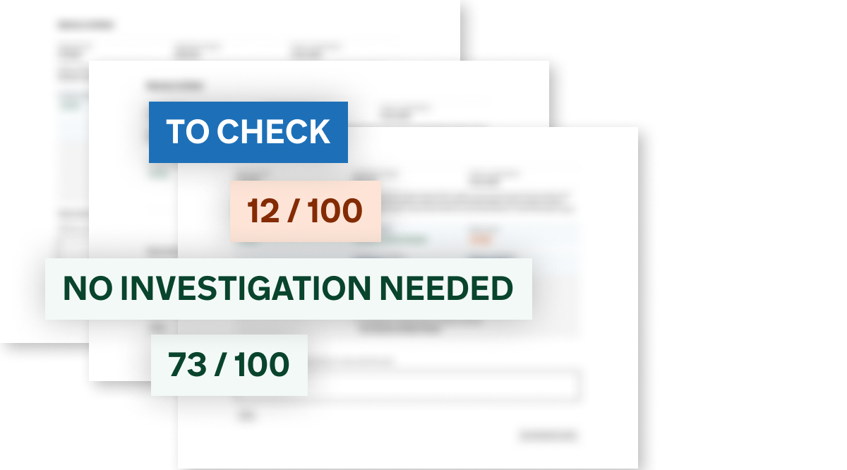 A blurred detailed results view with key issues highlighted and recommended next steps clearly surfaced
